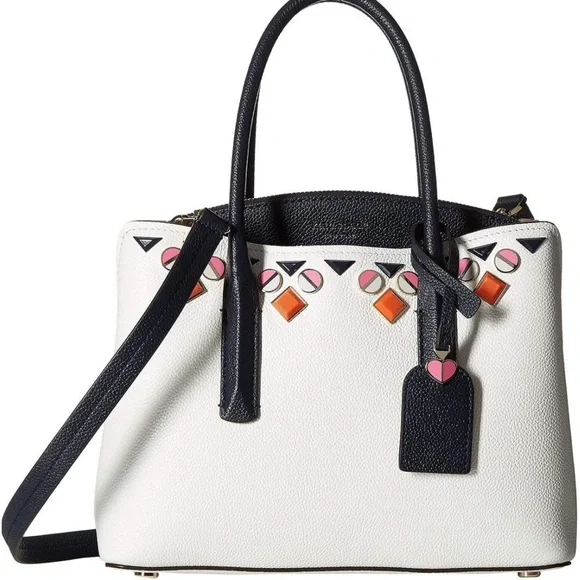KATE SPADE MARGAUX JEWELED MEDIUM LEATHER PURSE White & Navy satchel/cro… - Picture 1 of 16